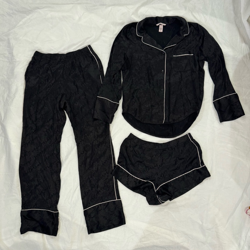 Victoria’s Secret 3 Piece Satin Pajama Set‎ Black Button Up Top Pants Shorts